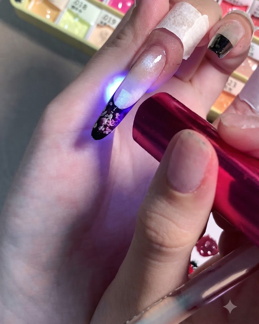Una mano che tiene una mini lampada LED rossa sopra ununghia per polimerizzare i dettagli floreali rosa chiaro appena dipinti.