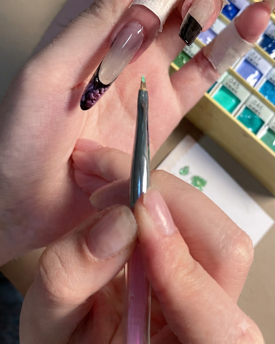 Un primo piano di un pennello liner sottile con vernice in gel verde, posizionato sopra ununghia con rose prugna completate.