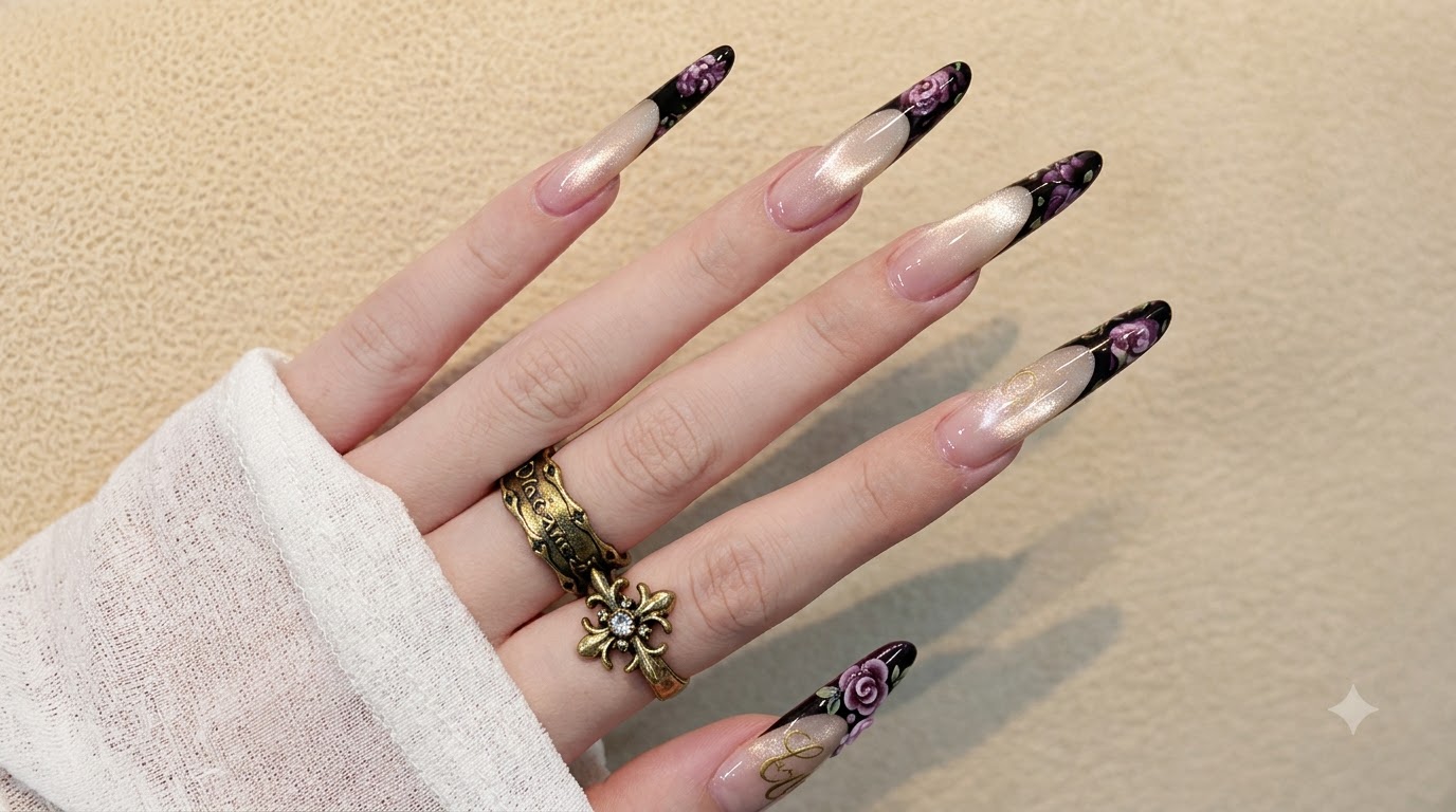 Unghie Stiletto Dark Floral con French Nera ed Effetto Occhio di Gatto — Tutorial Passo dopo Passo