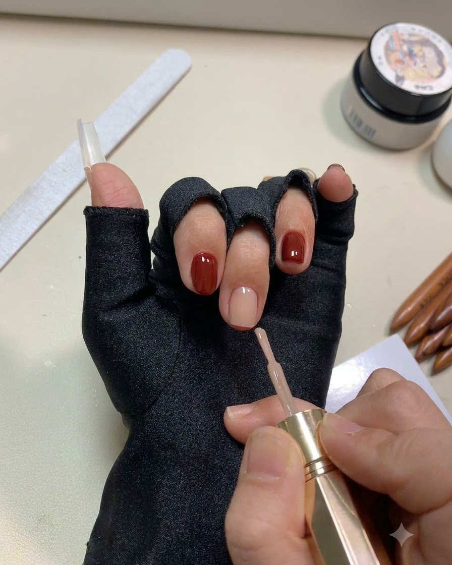 Una mano allinterno di una lampada per unghie UV con la base nude in fase di polimerizzazione.