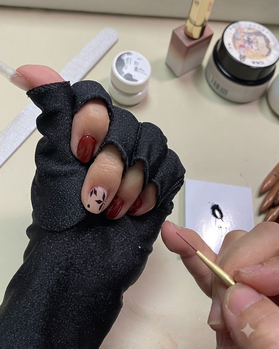 Una vista ravvicinata della mano che regge un pennello liner con la nail art completata delle foglie nere polimerizzata sullunghia.