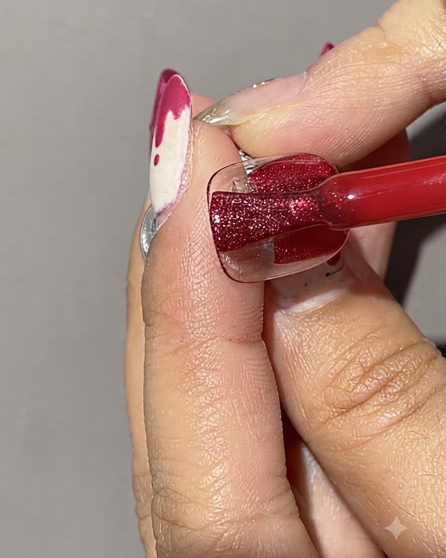 Primo piano di un pennello che applica uno smalto gel cat eye rosso glitterato su una tip per unghie trasparente.