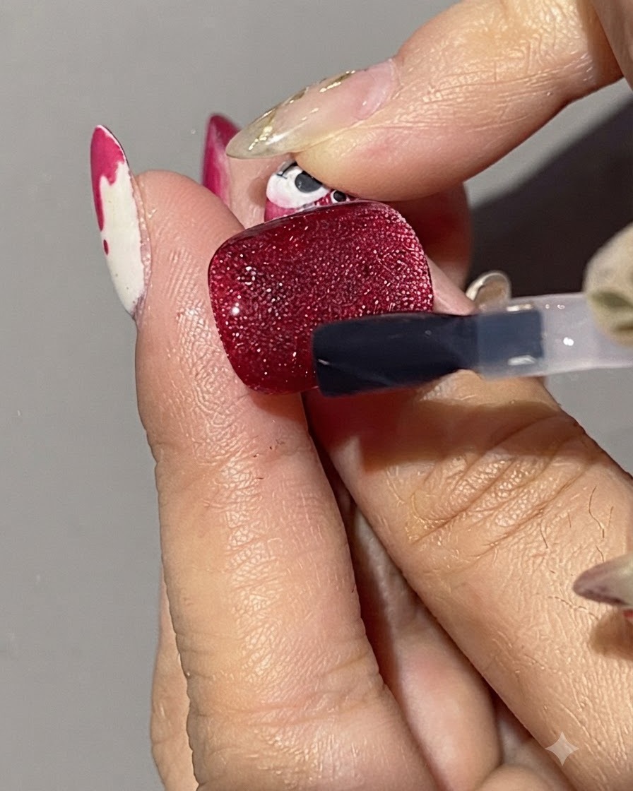 Un pennello che applica un top coat opaco su ununghia testurizzata in gel cat eye rosso.