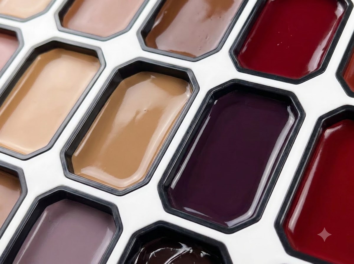Una palette a più scomparti che mostra diversi colori di gel, inclusa una ricca tonalità rossa.