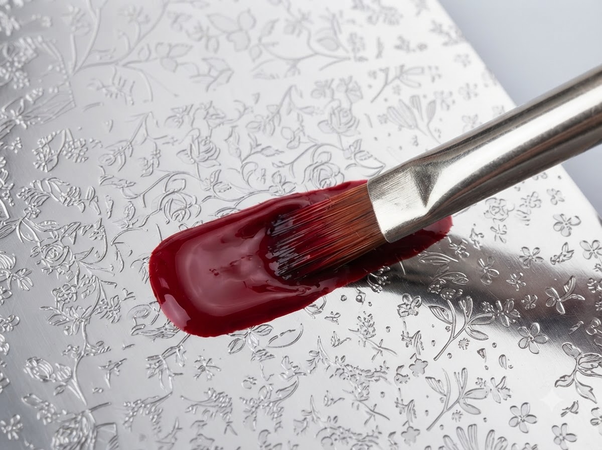 Un pennello per nail art che stende abbondante gel rosso su una piastra metallica incisa.