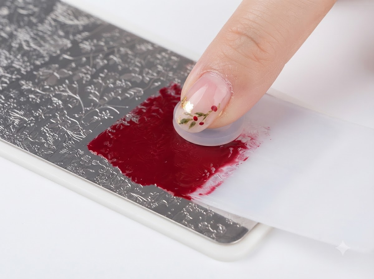 Una spatolina che rimuove il gel rosso in eccesso da una piastra metallica per stamping.