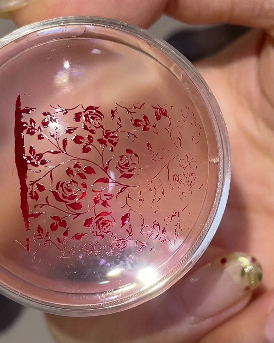Una testina in silicone trasparente che mostra un motivo floreale rosso trasferito e pronto per essere applicato su ununghia.