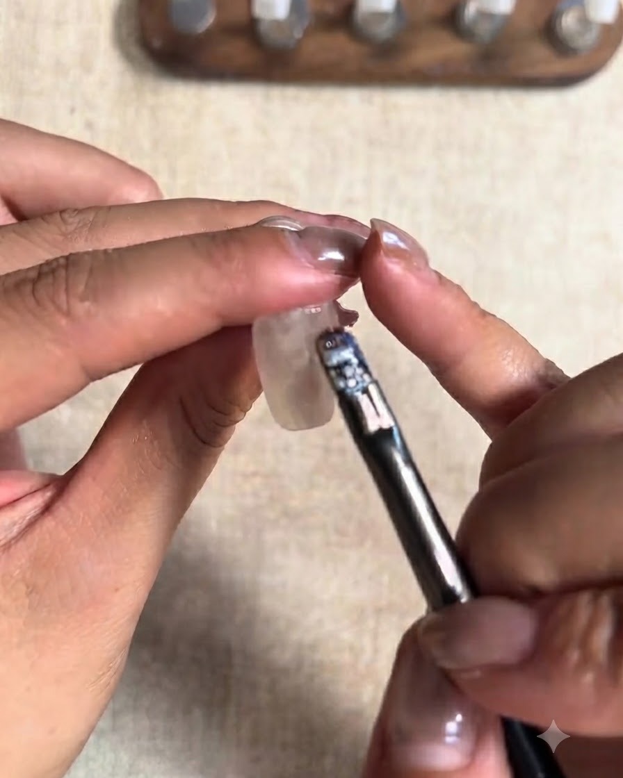 Una mano che utilizza un piccolo magnete cilindrico per modellare le particelle magnetiche cat-eye sullunghia del pollice.
