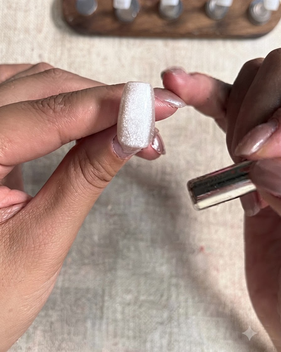 Primo piano di ununghia del pollice che mostra un effetto cat-eye a perlina di vetro completato con un magnete nelle vicinanze.