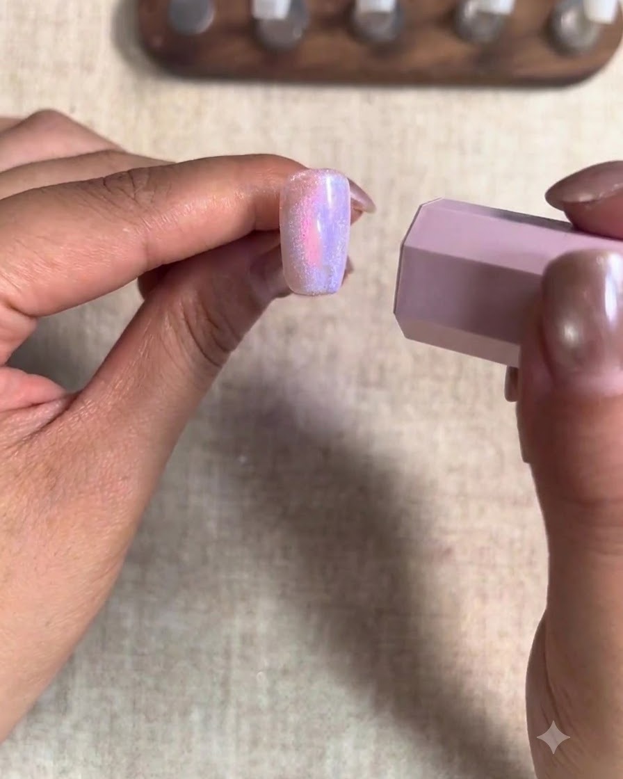 Una mano che utilizza un magnete cilindrico per modellare lo smalto gel cat-eye sullunghia del dito medio.