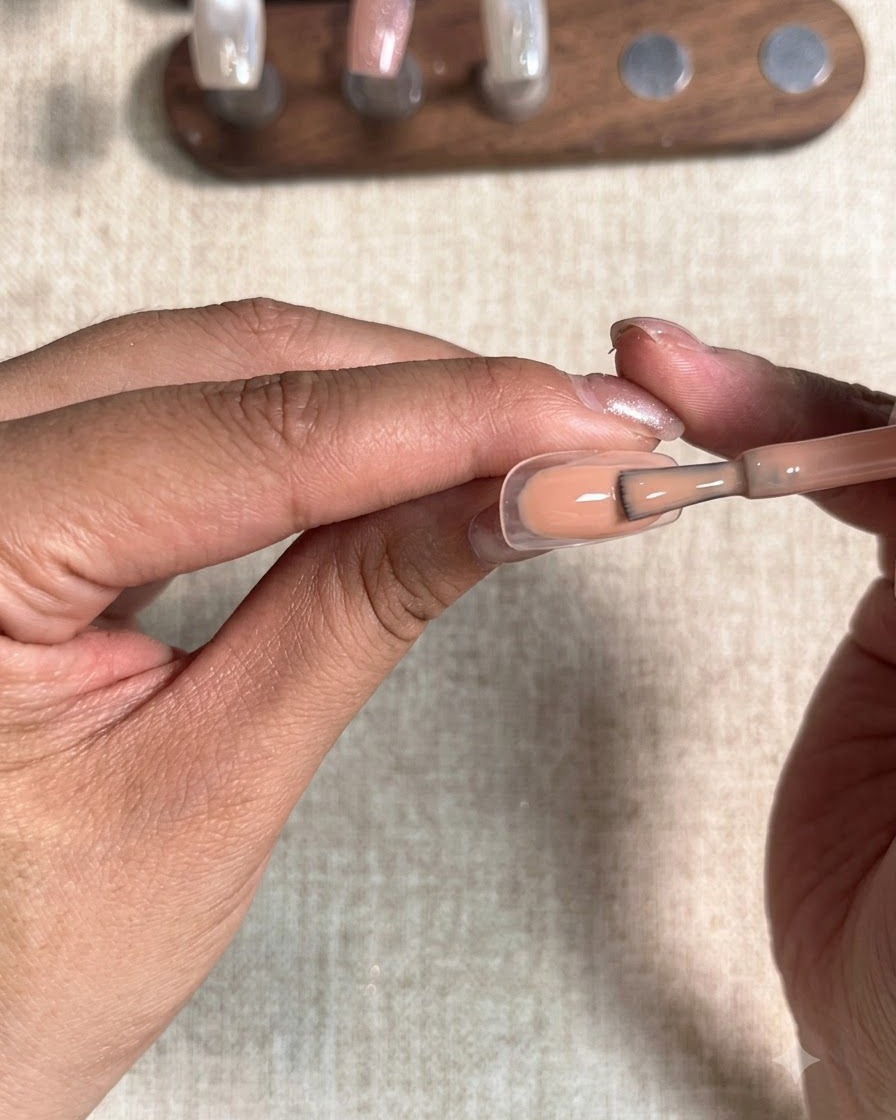 Primo piano di una mano che usa un pennello per smalto gel per applicare un colore nude pesca solido e uniforme su una tip trasparente.