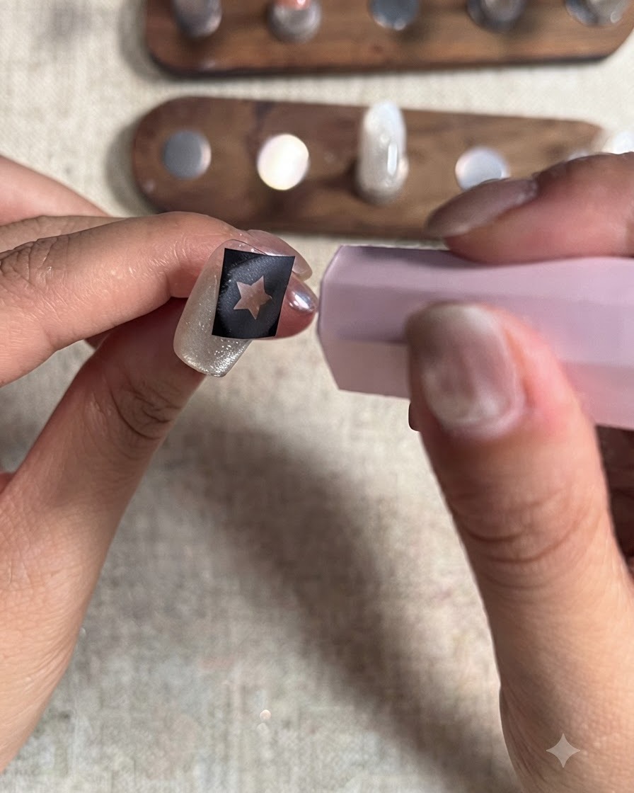 Una mini lampada polimerizzante UV/LED rosa tenuta sopra ununghia con uno stencil a stella per fissare lo strato finale di gel rosso.