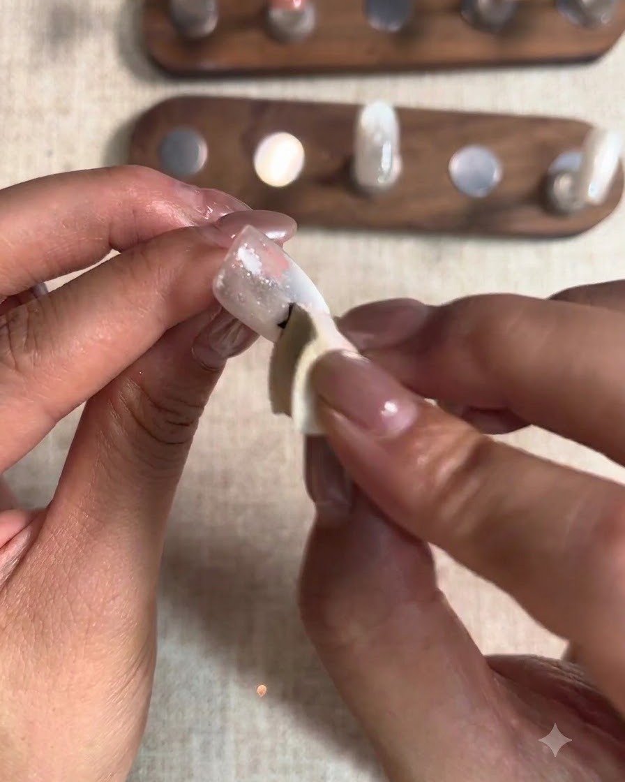 Un applicatore a spugna che tampona del gel rosso su un adesivo a stella vuota posizionato su ununghia.