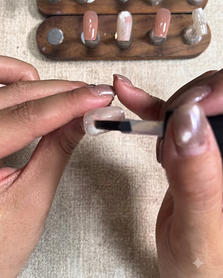 Un pennello che applica uno strato di top coat opaco sopra un design di nail art con stella completato.