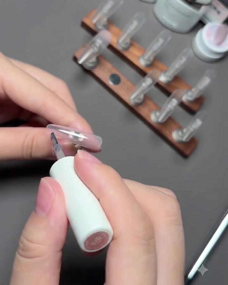 Un pennello che applica il gel color nude sullunghia del dito indice sullespositore.