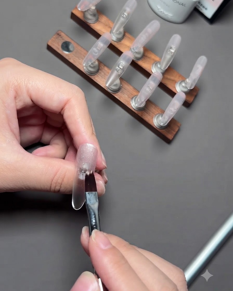 Un pennello che applica il gel cat eye argento su ununghia nude montata su un supporto in legno per unghie.