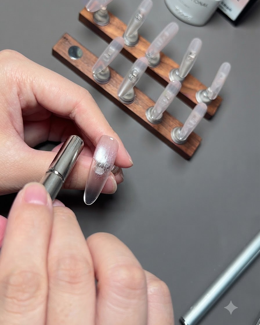 Una bacchetta magnetica cilindrica tenuta vicina a ununghia del pollice per concentrare la brillantezza del cat eye argento.