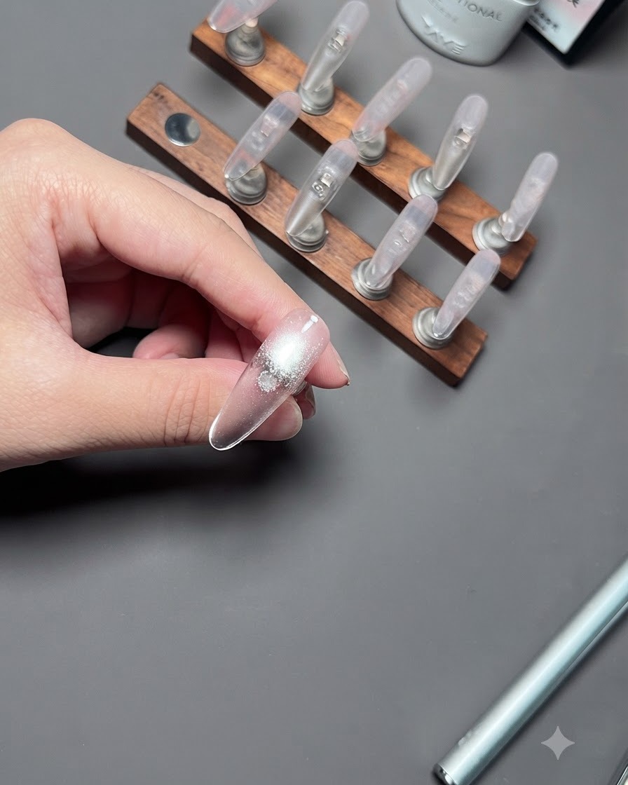 Una mano che mostra ununghia con gel cat eye argento appena applicato su una base nude.