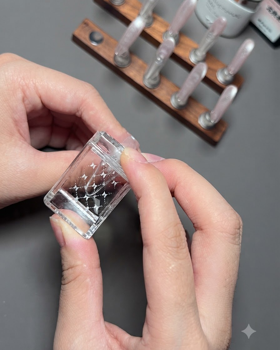 Un primo piano di mani che premono un timbro gel trasparente su ununghia del pollice per trasferire un design di nail art scozzese bianco.