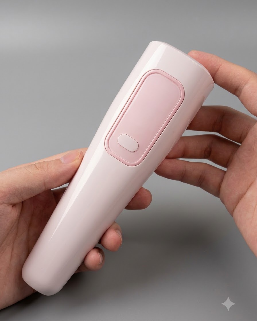 Una grande lampada UV/LED portatile rosa tenuta sopra un supporto per unghie per polimerizzare più unghie contemporaneamente.