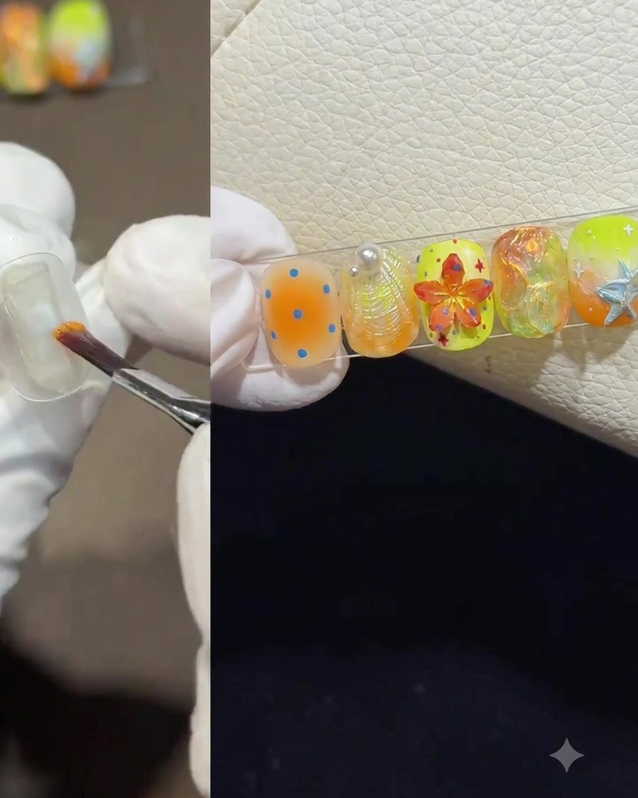 Una mano guantata che utilizza un pennello per applicare una goccia di smalto gel arancione su una tip per unghie trasparente.