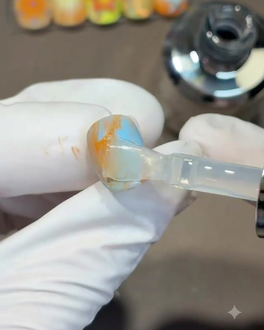 Un pennello che applica uno strato trasparente di top coat sopra ununghia in gel sfumata di arancione e blu.