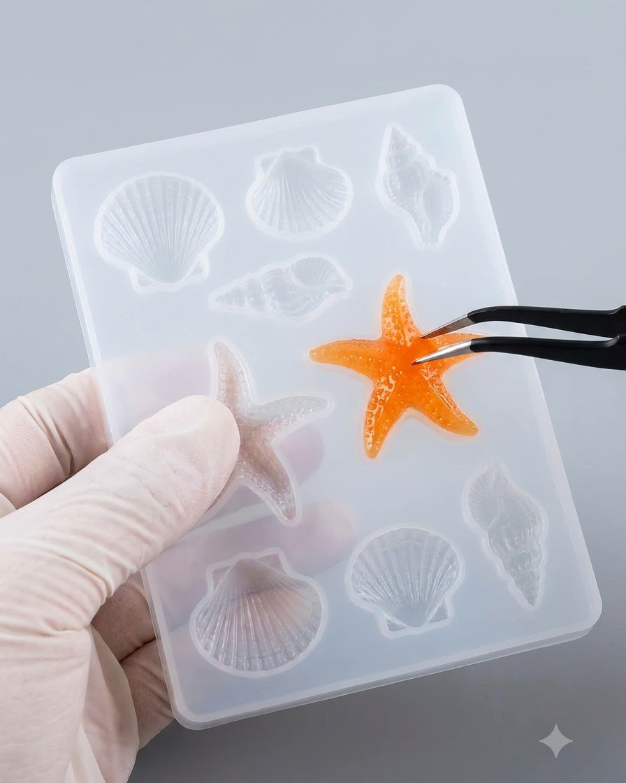 Un paio di pinzette nere che sollevano un pezzo polimerizzato a forma di stella marina o fiore arancione fuori da un vassoio per stampi in silicone trasparente.