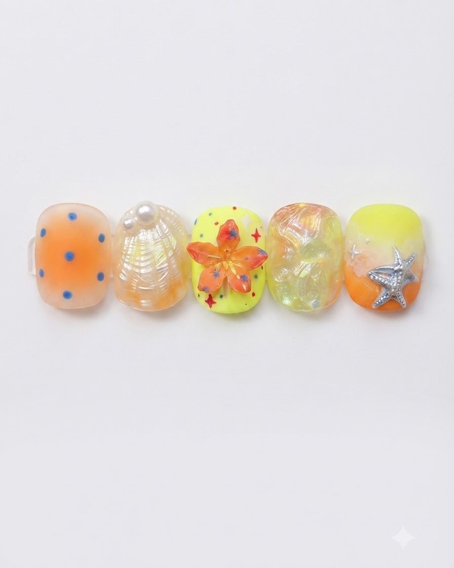 Una fila di cinque punte di unghie finte decorate che mostrano punti arancioni, una texture a conchiglia, una base gialla con un fiore arancione in 3D, una texture astratta iridescente e una sfumatura gialla con una stella marina in 3D.