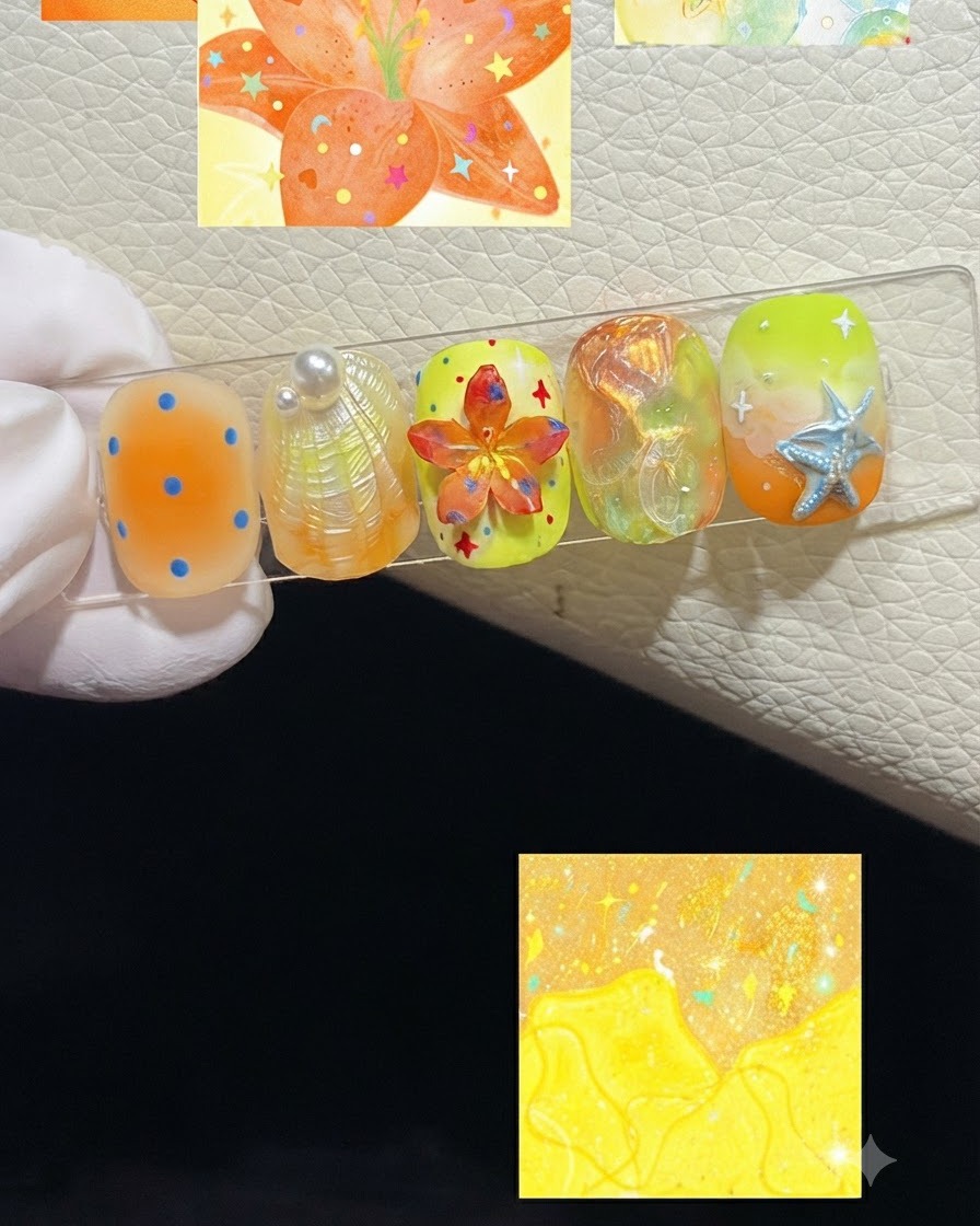 Una vista ravvicinata di un pennello fine che aggiunge accenti di stame giallo al centro di un pezzo di nail art con fiore arancione in 3D.
