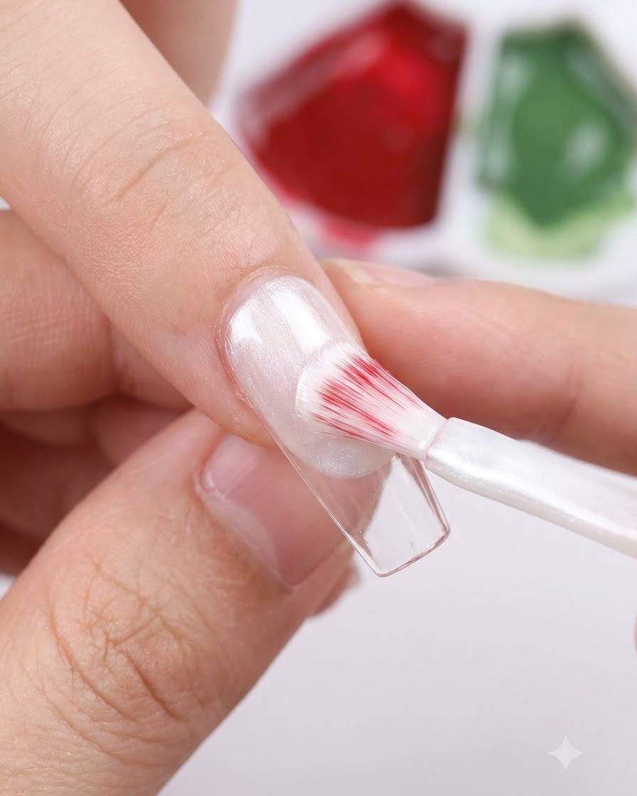 Una mano che usa un pennello piatto per applicare un gel bianco perlato scintillante su una tip trasparente.