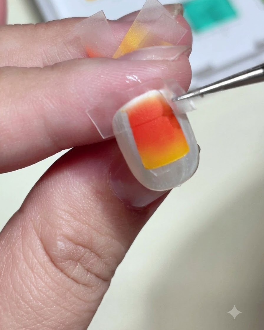 Pinzette che rimuovono con attenzione il nastro adesivo trasparente da ununghia per rivelare un quadrato sfumato arancione e giallo dai bordi netti.