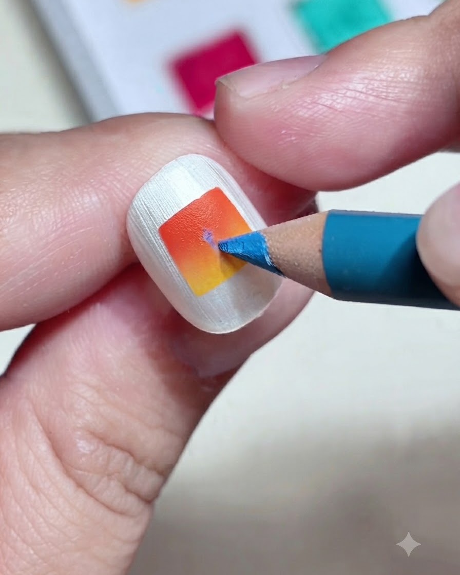 Primo piano di una matita colorata blu che disegna una sottile linea verticale su ununghia quadrata con gradiente arancione e giallo.