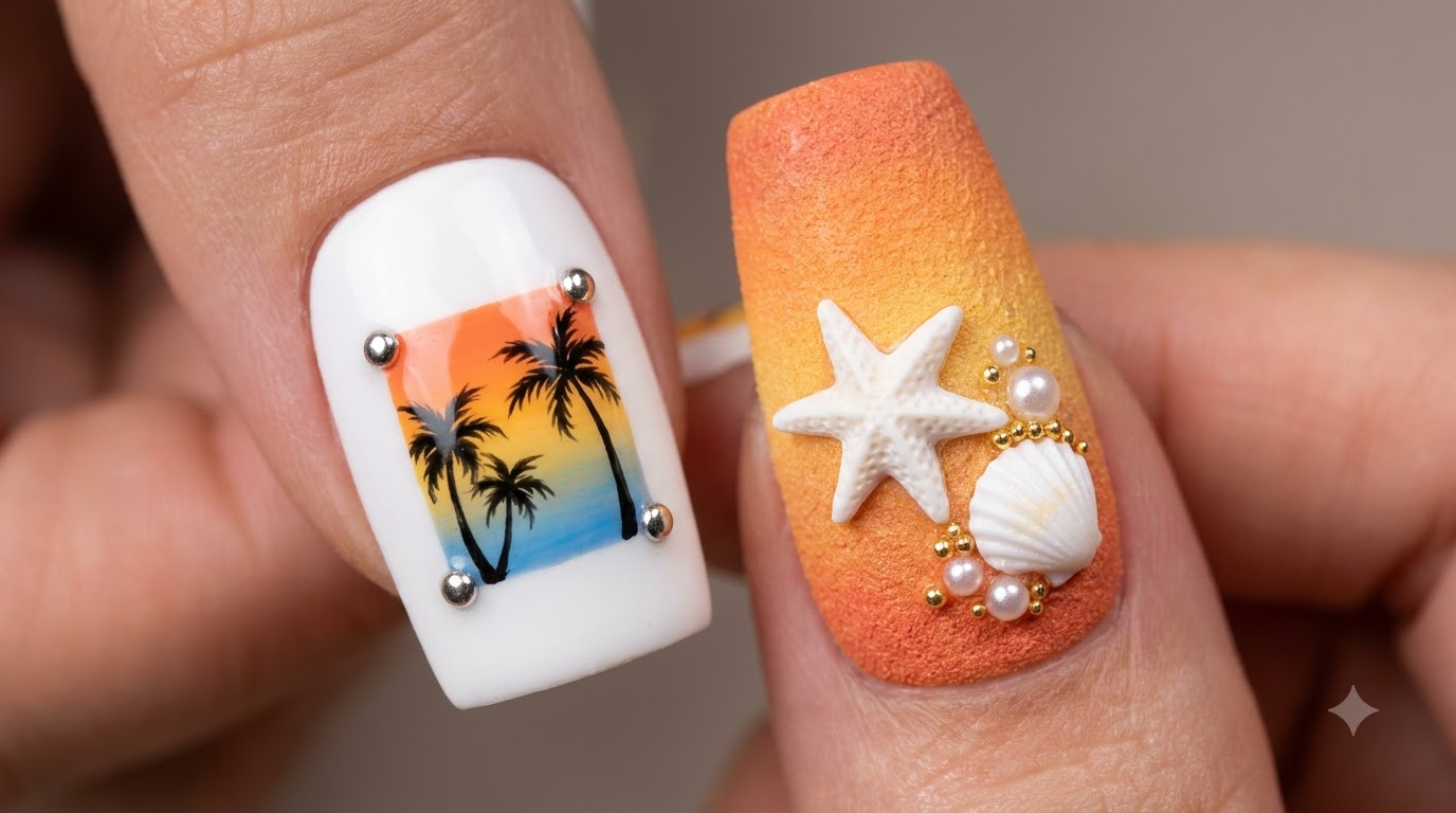 Nail Art Estiva con Tramonto e Conchiglie 3D — Tutorial Passo Passo