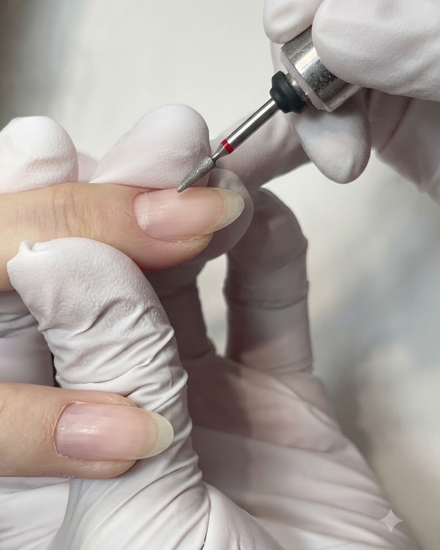 Una fresa elettrica dotata di una punta diamantata conica sottile che pulisce accuratamente la zona delle cuticole di ununghia naturale.