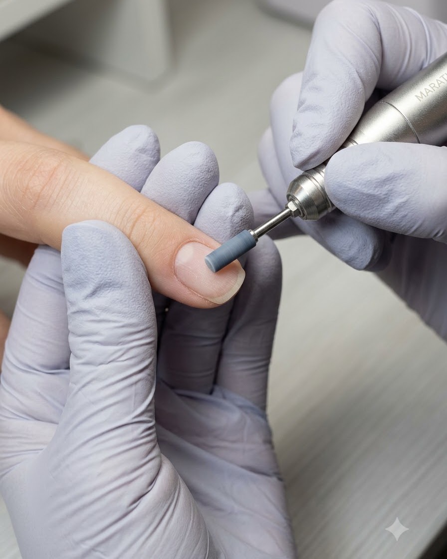 Una fresa elettrica con una banda abrasiva che opacizza delicatamente la superficie di ununghia naturale preparata.