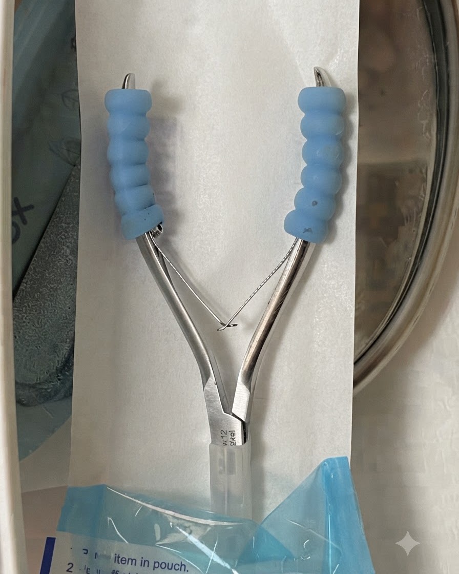 Un paio di forbicine per cuticole in metallo sterilizzate riposte allinterno di una busta di confezionamento aperta.