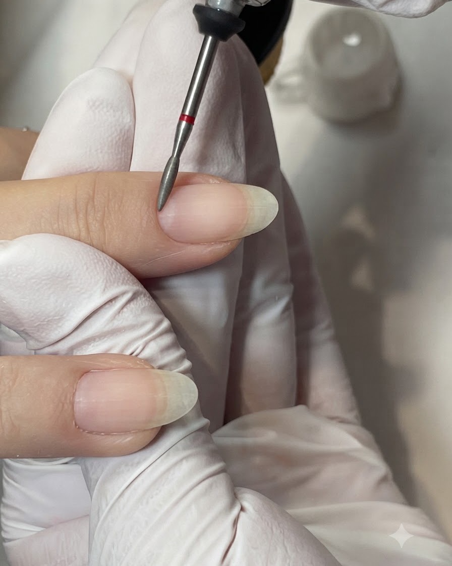 Una vista ravvicinata di ununghia naturale pulita pronta per lapplicazione del gel dopo una spolveratura finale.