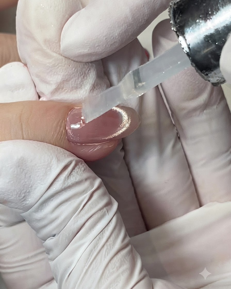 Una mano guantata che tiene un pennello applicatore sopra un flacone di blooming gel pesca-rosa.