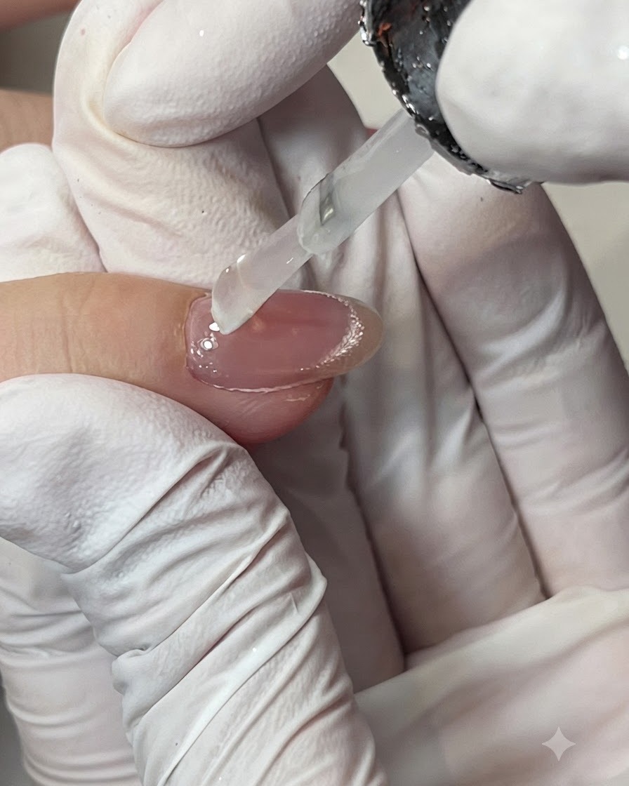Una mano guantata che tampona lo smalto su uno strumento spugnetta applicatore.