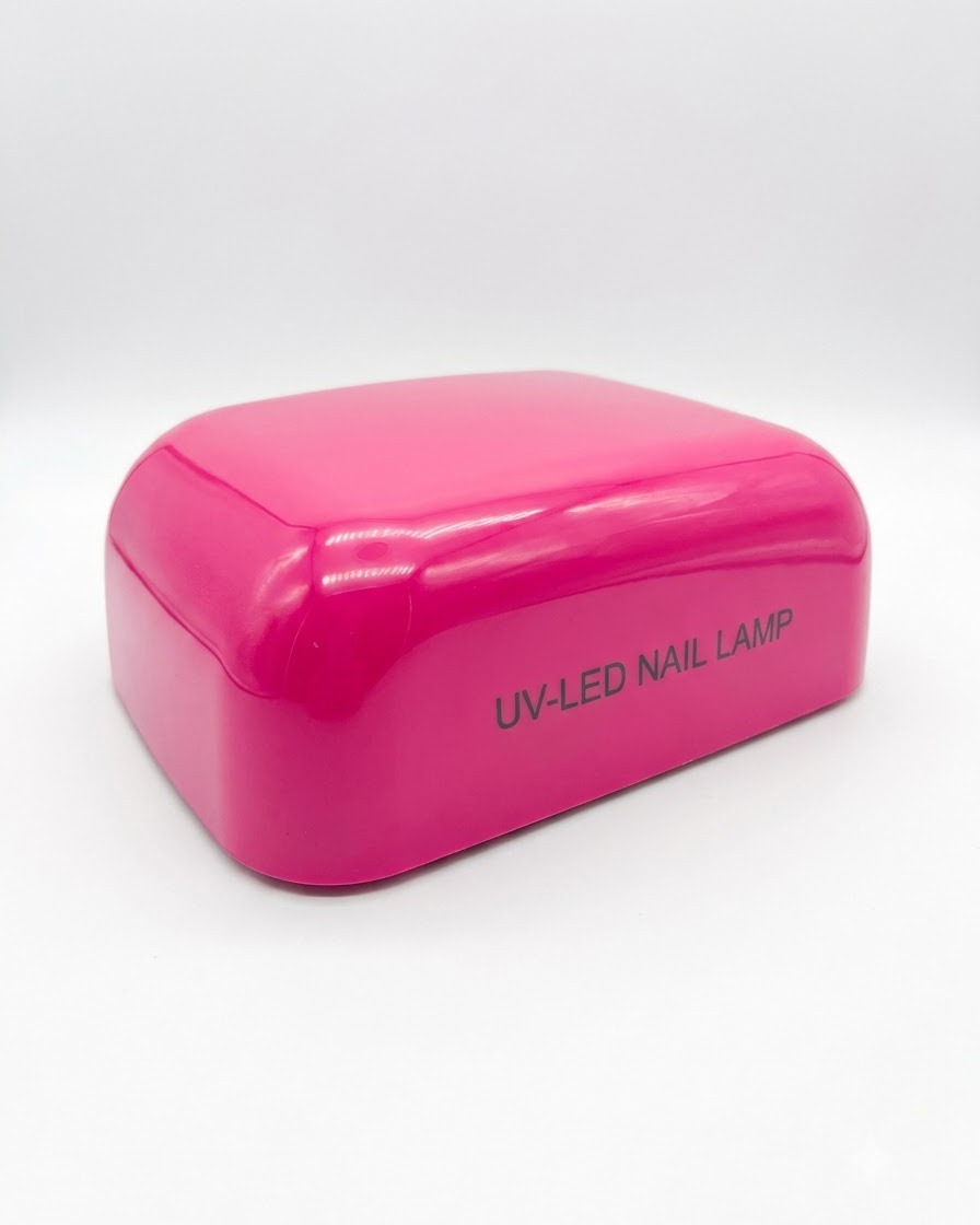 Una lampada per unghie UV-LED rosa utilizzata per polimerizzare gli strati di smalto gel durante un tutorial di manicure.