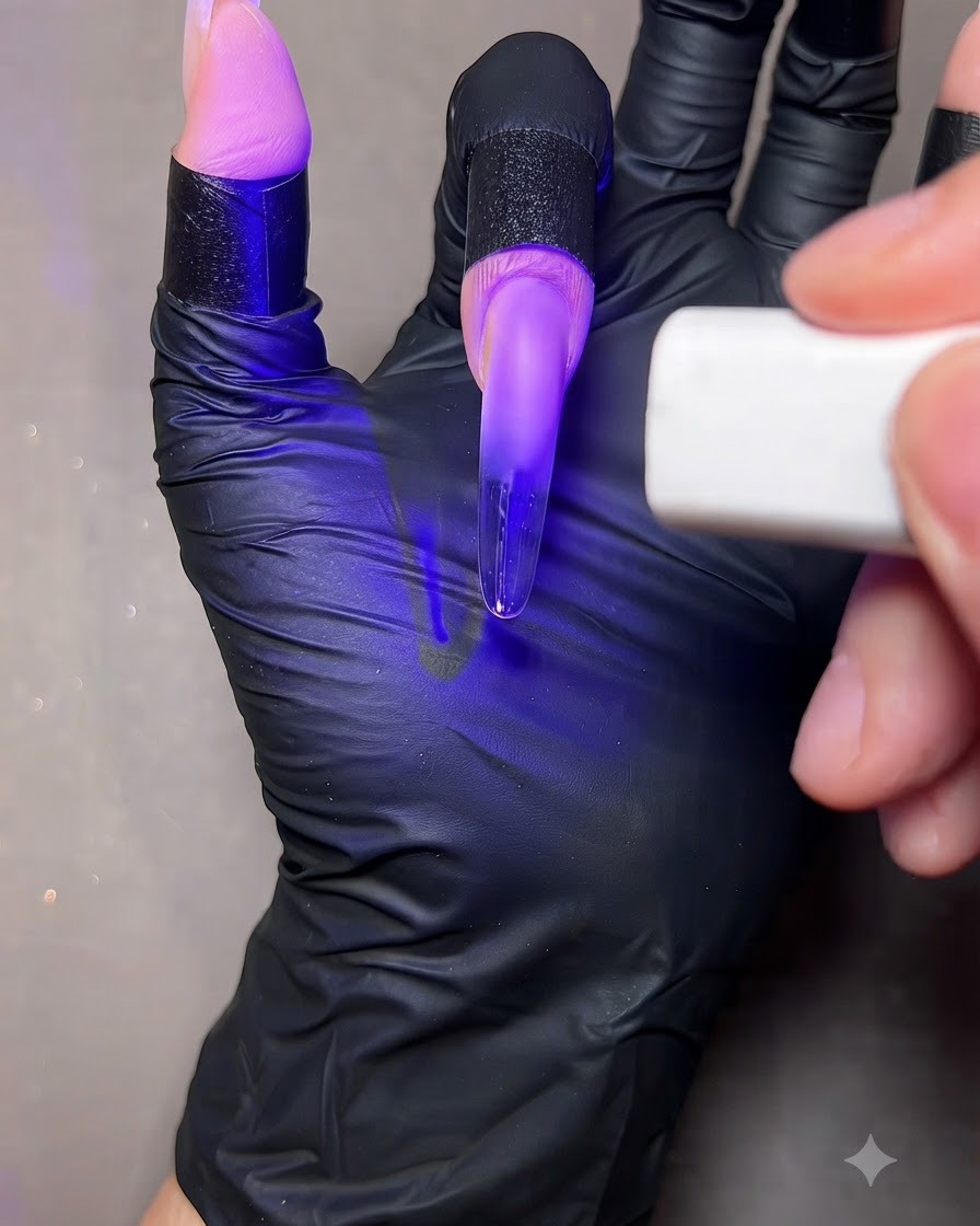 Un dito con unestensione trasparente tenuta sotto la luce viola di una lampada UV/LED portatile.