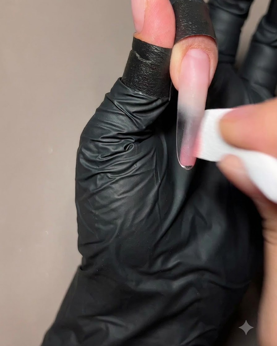 Una mano che utilizza una spugnetta per trucco per tamponare un gel pesca trasparente sulla metà inferiore di unestensione per unghie lunga.