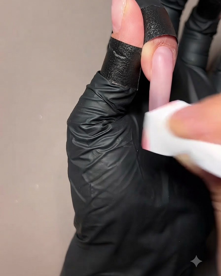Una mano che pulisce il margine libero di unestensione per unghie con una salvietta detergente.