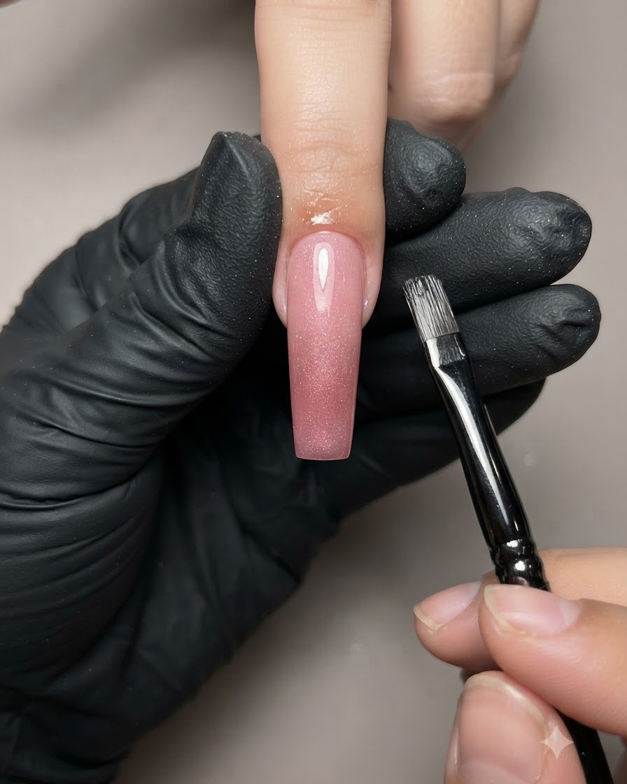 Uno strumento magnetico tenuto vicino a ununghia curata per modellare i pigmenti del gel cat-eye.