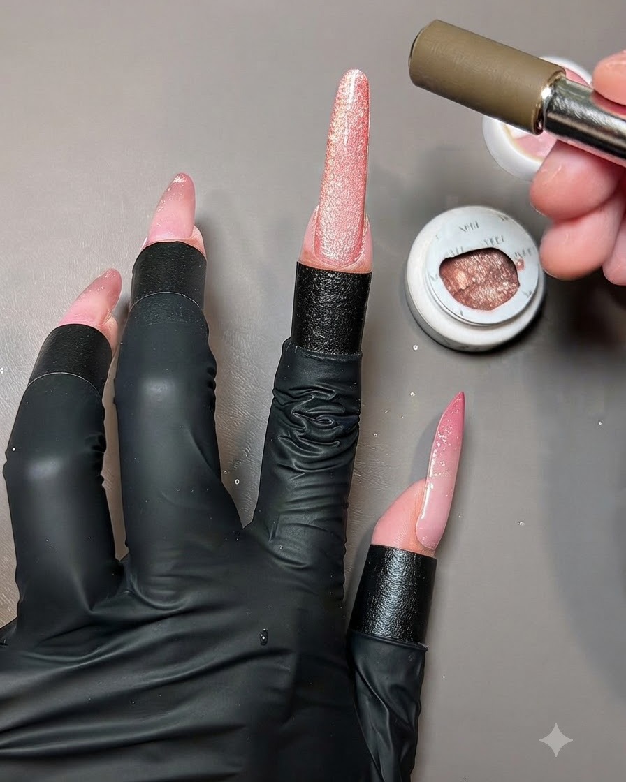 Un magnete che modella il riflesso cat-eye su una mano con più estensioni per unghie finite.