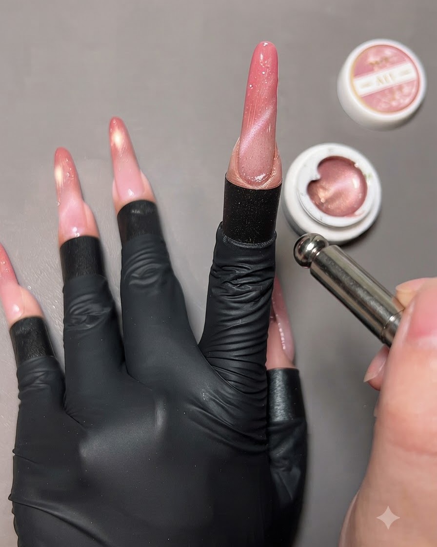 Uno strumento magnetico tenuto vicino a una mano con unghie in gel cat-eye finite, circondato da barattoli di gel aperti.