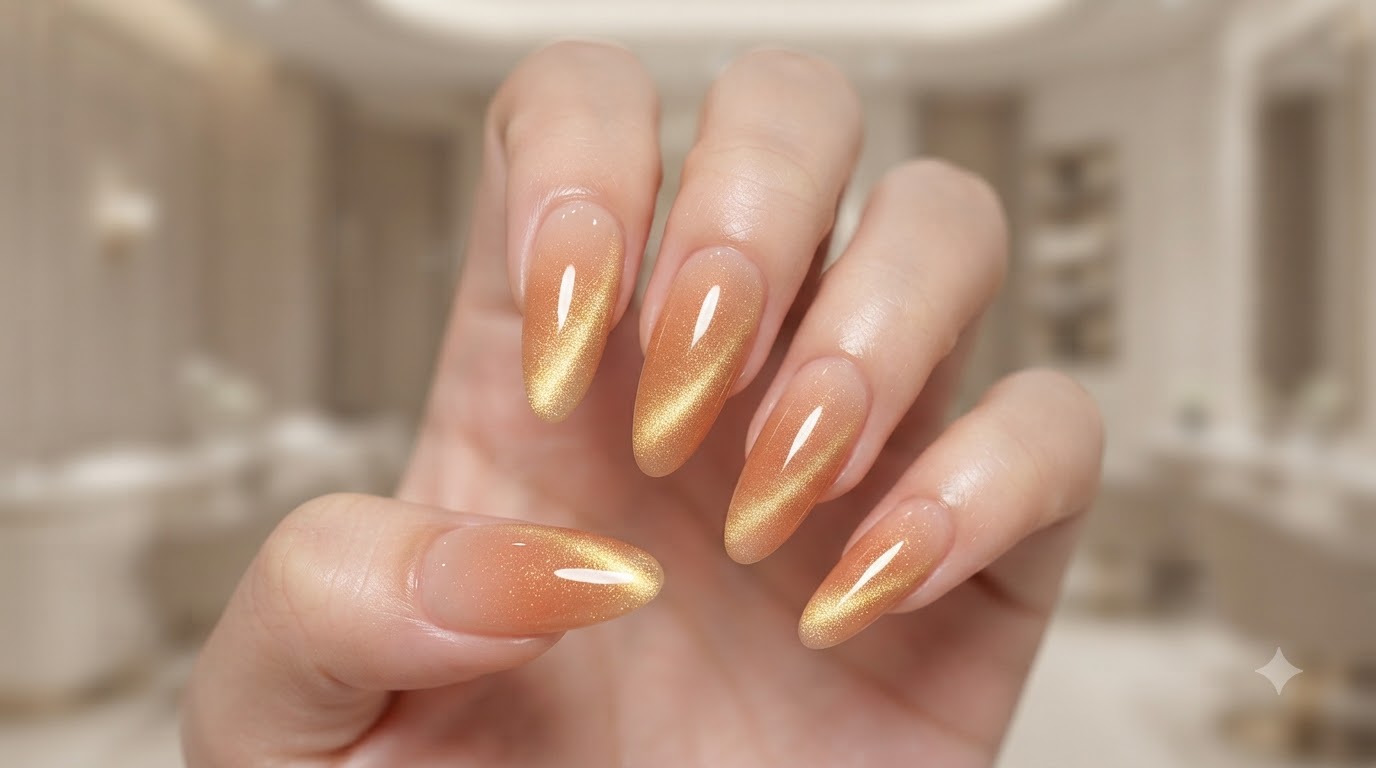 Unghie in Gel Ombre Pesca e Cat-Eye Oro — Tutorial Passo dopo Passo