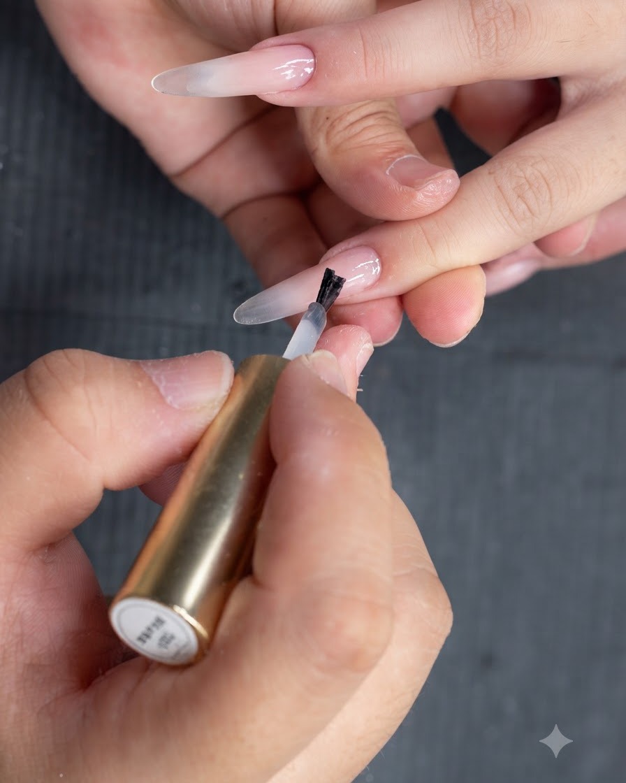 Una vista ravvicinata di una mano che applica una base coat nude trasparente su ununghia naturale usando un pennello.
