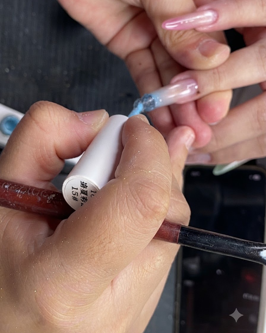 Unimmagine ravvicinata di gel polish giallo traslucido applicato sulla metà superiore dellunghia dellanulare.