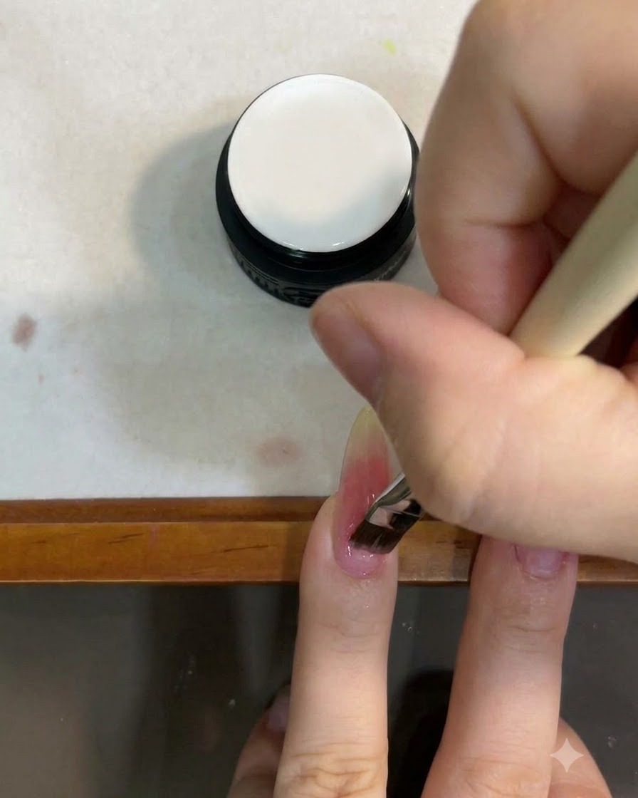 Un pennello che applica uno strato di gel cat eye bianco latte su ununghia sfumata.